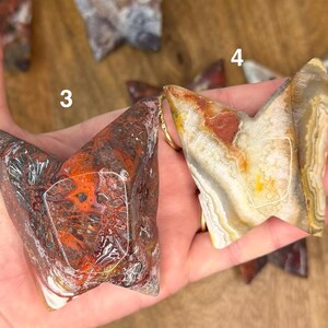 May include: Two polished, wing-shaped stones with a natural, earthy appearance. One is primarily red and brown, the other is beige and white with red accents. Both have a gold ring attached.