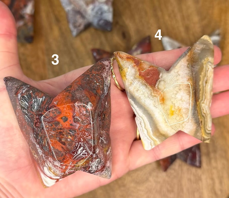 May include: Two polished, wing-shaped stones with a natural, earthy appearance. One is primarily red and brown, the other is beige and white with red accents. Both have a gold ring attached.