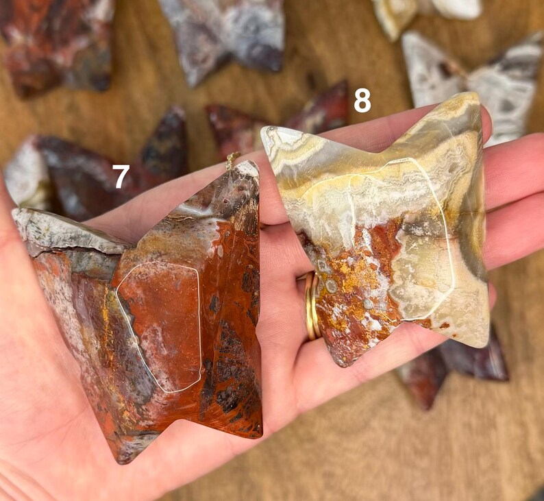 May include: Two butterfly-shaped polished stones with unique patterns and colors. One stone is primarily red and brown, while the other features beige, brown, and gold hues. The stones are held in a hand, showcasing their natural beauty.