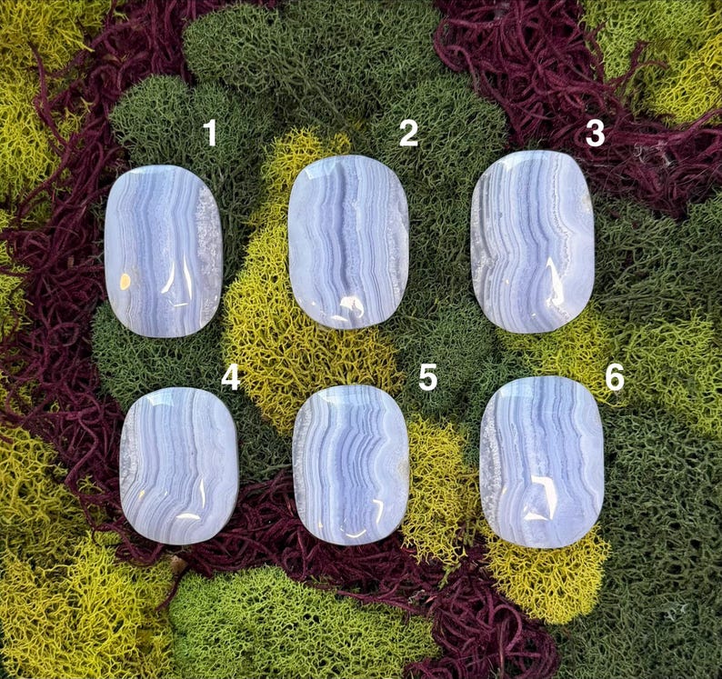 May include: Six oval-shaped blue lace agate gemstones with a polished finish. Each stone displays a unique pattern of light and dark blue bands, set against a backdrop of green, yellow, and burgundy moss.