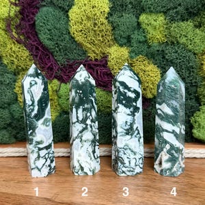 May include: Four polished moss agate crystal towers. Each tower is a different size and shape, with a white and green pattern. The crystals are numbered 1 through 4. The background is a mix of green, yellow, and purple moss.