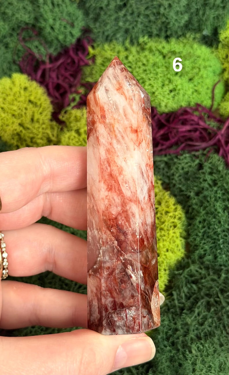 May include: A tall, polished crystal point with a reddish-brown and white marbled appearance. The crystal is held in a hand against a backdrop of green and purple moss. The number 6 is visible on the background.