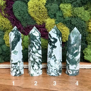 May include: Four green and white moss agate crystal points are displayed on a wooden surface. The crystals are numbered 1 through 4. The background features a mix of green, yellow, and purple moss.