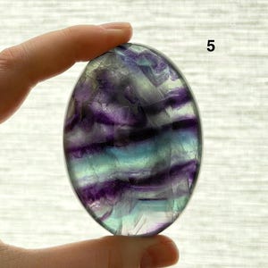 Puede incluir: Una piedra de fluorita ovalada con una superficie pulida. La piedra presenta bandas de colores p&uacute;rpura, turquesa y claros. El n&uacute;mero "5" es visible en la esquina superior derecha. La piedra se sostiene entre dos dedos.