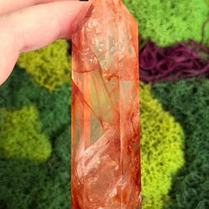 May include: A clear quartz crystal point with reddish-orange inclusions. The crystal is held against a backdrop of green and purple moss. The number "4" is visible in the background.