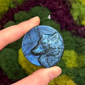 May include: A round, blue labradorite stone with a carved wolf profile. The stone has a polished finish and displays iridescent blue and gray hues. The number "4" is visible in the background. The stone is held between two fingers.