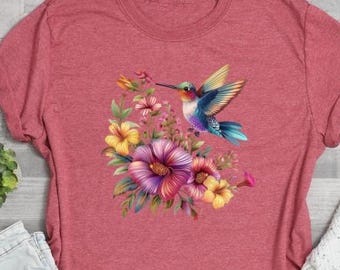 Watercolor Hummingbird Spring Flowers Tee - Unisex Shirt