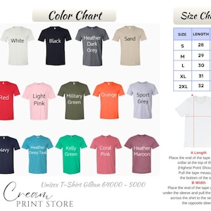 Puede incluir: Tabla de colores de camisetas con opciones como blanco, negro, rojo y azul marino. Una tabla de tallas muestra medidas en pulgadas para largos y anchos, desde la talla S hasta la 2XL. Tambi&eacute;n se ve el texto "Unisex T-Shirt Gildan 64000-5000".