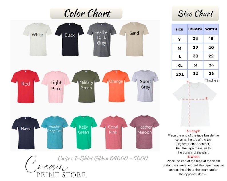 Puede incluir: Tabla de colores de camisetas con opciones como blanco, negro, rojo y azul marino. Una tabla de tallas muestra medidas en pulgadas para largos y anchos, desde la talla S hasta la 2XL. Tambi&eacute;n se ve el texto "Unisex T-Shirt Gildan 64000-5000".
