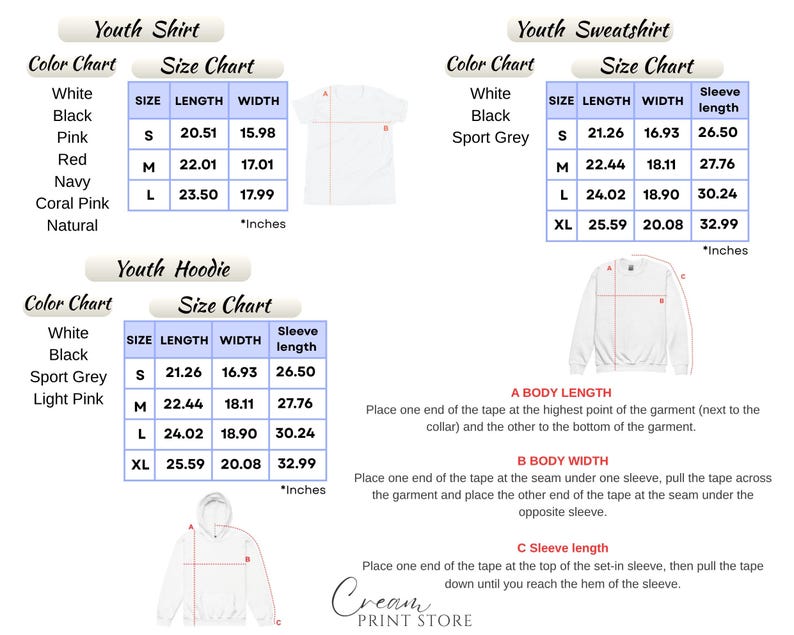 Puede incluir: Tablas de tallas para camisetas, sudaderas y sudaderas con capucha juveniles, con medidas de largo, ancho y largo de manga en pulgadas. Colores disponibles: blanco, negro, rosa, rojo, marino, rosa coral, natural y gris deportivo. Se incluyen instrucciones de medici&oacute;n.