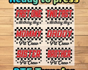 Checkered Pit Crew Birthday Family Bundle DTF Transfer, Fast One Two Ready to Press