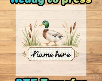 Personalized Watercolor Mallard Duck DTF Transfer, Vintage Hunting Gingham Custom Name Ready to Press
