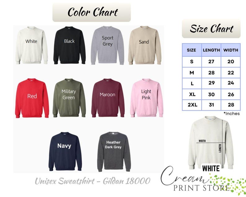Puede incluir: Una tabla de colores y una tabla de tallas para una sudadera unisex. La tabla de colores muestra sudaderas en blanco, negro, gris deportivo, arena, rojo, verde militar, granate, rosa claro, azul marino y gris oscuro jaspeado. La tabla de tallas muestra medidas en pulgadas.