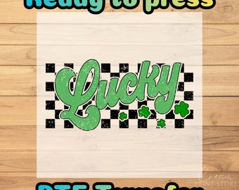 Retro Lucky DTF Transfer: Checkered St Patricks Shamrock Art - Ready to press