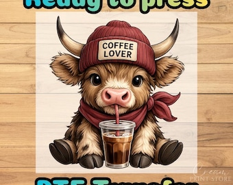 Coffee Lover Highland Cow DTF Transfer: Winter Beanie, Iced Coffee