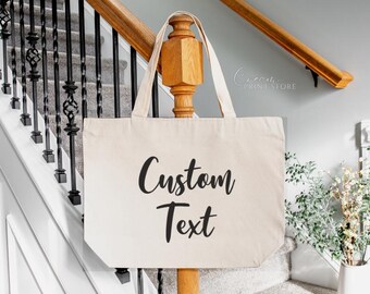 Personalized Cotton Tote Bag: Custom Text, ZIPPER Large Tote Bag
