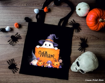 Custom Halloween Ghost Tote Bag, Cute Pumpkin Name Candy Bag Trick or Treat