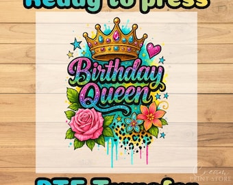 Birthday Queen Crown DTF Transfer: Glitter Leopard Floral Watercolor Party Tee