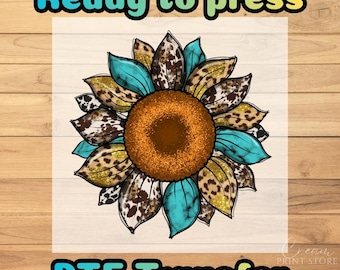 Western Sunflower DTF Transfer: Cow Print Leopard Turquoise Glitter Cowgirl Tee