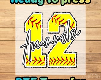 Transferencia DTF de nombre y número de softbol personalizado: plancha personalizada, lista para presionar