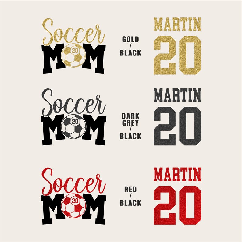 Puede incluir: Tres dise&ntilde;os tem&aacute;ticos de f&uacute;tbol con los textos "Soccer Mom" y "Martin 20" en oro, gris oscuro y rojo. Cada dise&ntilde;o incluye un gr&aacute;fico de bal&oacute;n de f&uacute;tbol y el a&ntilde;o "20" dentro del bal&oacute;n.