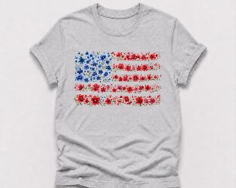 Floral American Flag Shirt, Patriotic USA Graphic Tee for 4th of July