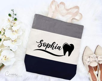 Personalized Dental Tote – Script Name With Tooth Icon – Dentist Appreciation Gift – Canvas Carry Bag
