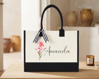 Custom Birth Flower Tote, Personalized Tote Bag, Daily Shoulder Tote, Bridesmaid Gifts, Gift For Her, Mothers Day Gift, Jute Floral Tote Bag