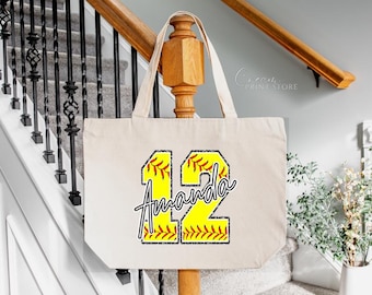 Custom Softball Name and Number Tote Bag, Personalized Softball gift, Softball bag, Softball Lover Gift, , Softball Player bag,Softball Gift