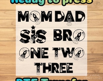 Family Space Birthday DTF Transfer: Space Party Matching Shirts Ready to press