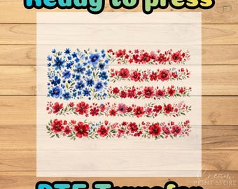 Floral American Flag Watercolor DTF Transfer, Patriotic Wildflowers Ready to Press