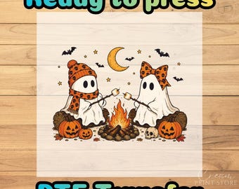 Cute Ghost Camping DTF Transfer, Halloween Campfire Marshmallow Ready to Press