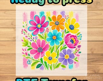 Striped Boho Floral Brushstroke DTF Transfer, Preppy Summer Flowers Ready to Press