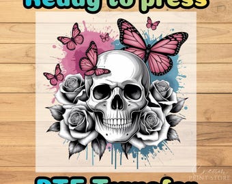 Skull & Pink Butterfly DTF Transfer: Gothic Rose Grunge