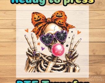 Cute Skeleton Halloween DTF Transfer, Pink Bubblegum Peace Sign Ready to Press