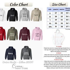 Puede incluir: Un gr&aacute;fico de colores muestra varios colores de sudaderas con capucha, incluyendo blanco, negro y rojo. Una tabla de tallas muestra las medidas en pulgadas para largos, anchos y largos de manga. La imagen tambi&eacute;n incluye un diagrama de medici&oacute;n.