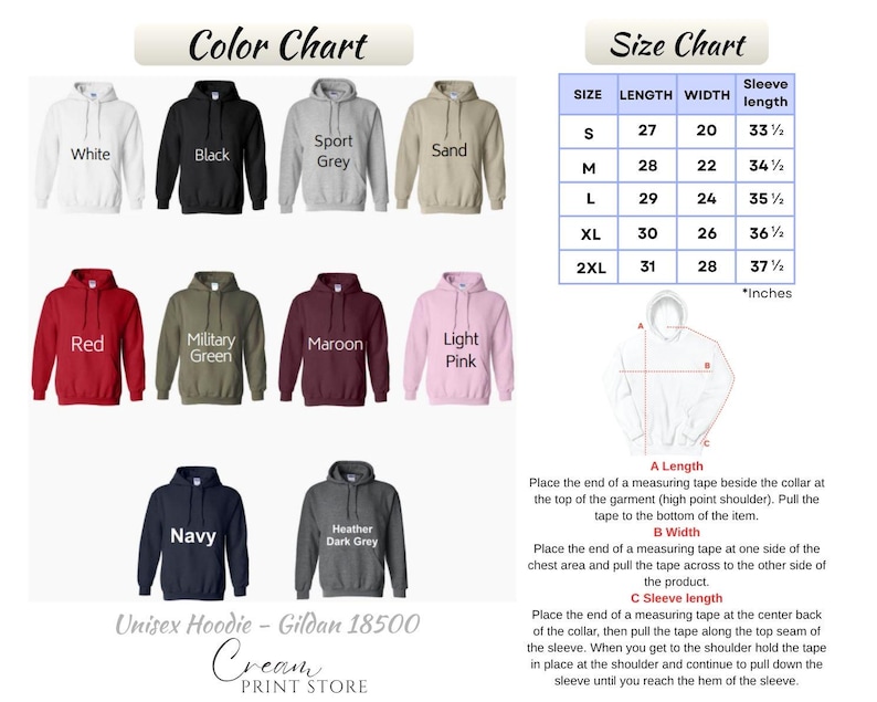 Puede incluir: Un gr&aacute;fico de colores muestra varios colores de sudaderas con capucha, incluyendo blanco, negro y rojo. Una tabla de tallas muestra las medidas en pulgadas para largos, anchos y largos de manga. La imagen tambi&eacute;n incluye un diagrama de medici&oacute;n.
