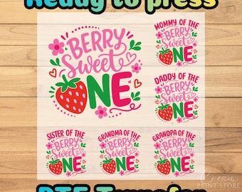 Berry Sweet One Strawberry Birthday Family Bundle DTF Transfer, First Party Ready to Press