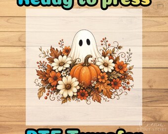 Cute Halloween Ghost Pumpkin DTF Transfer, Fall Floral Floral Bouquet Ready to Press
