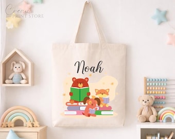 Personalized Canvas Tote Bag with Name and Book Stack, Toy Storage & Book Bag, Nursery Organizer, Toddler Gift, Easter Gifts