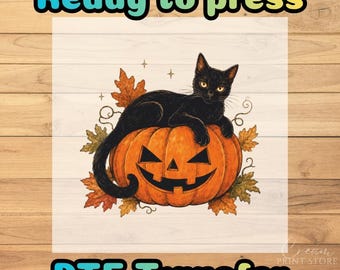 Black Cat Halloween Pumpkin DTF Transfer, Autumn Leaves Jack O Lantern Ready to Press