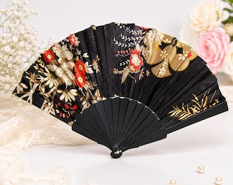 Romantische handwaaier met bloemenpatroon, zwart en goud | Elegante vintage waaier | Opvouwbare waaier voor bruiloften, zomer, carnaval, Mardi Gras