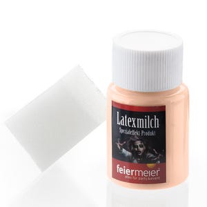 Może przedstawiać: Brzoskwiniowa butelka Latexmilch z białą nakrętką, białą gąbką i etykietą z grafiką zombie. Etykieta zawiera również tekst "Spezialeffekt-Produkt" i "feiereier" ze sloganem "alles für party & event".