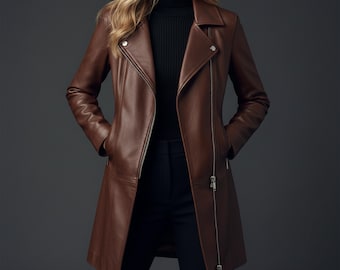 Women’s Brown Genuine Sheepskin Leather Jacket Handmade Slim Fit Moto Trench Coat Asymmetrical Zip