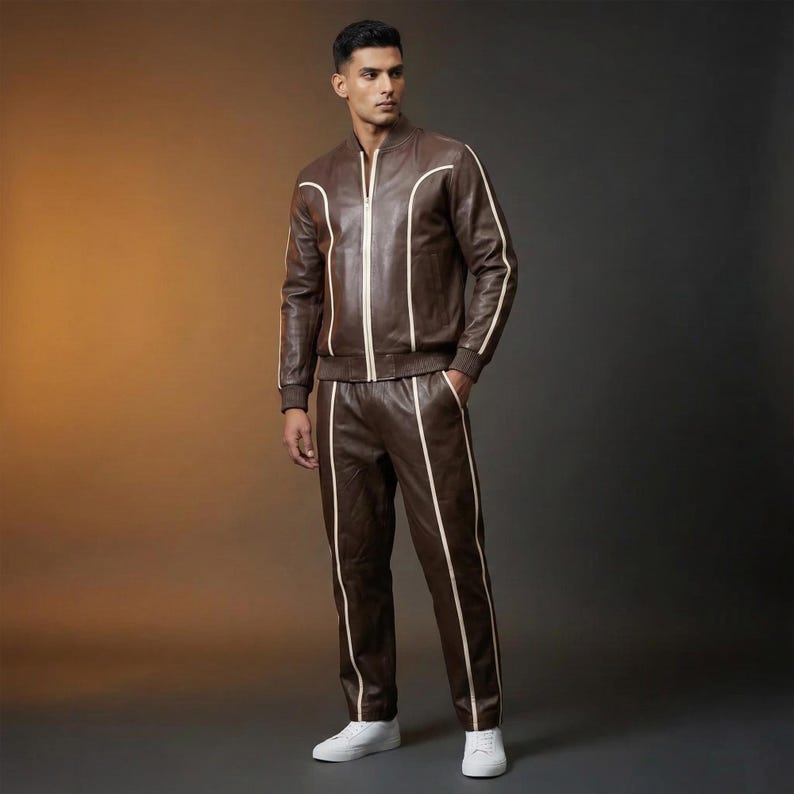 May include: A brown leather tracksuit with white trim. The jacket has a zip-up front and the pants have a straight leg design. The model is wearing white sneakers.