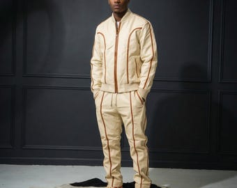 Men’s Beige Lambskin Leather Tracksuit – Brayden Style Luxury Leather Sweatsuit