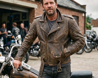 Könnte beinhalten: Eine abgenutzte braune Leder-Motorradjacke mit breitem Reverskragen, asymmetrischem Frontreißverschluss, gesteppten Schulter- und Ellbogenpartien sowie einem Gürtel mit Schnalle. Sie wird über einem dunkelgrauen T-Shirt und dunklen Jeans getragen.