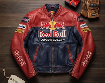 Vintage Red Bull Racing Leather Jacket | Retro Moto GP Biker Streetwear Jacket