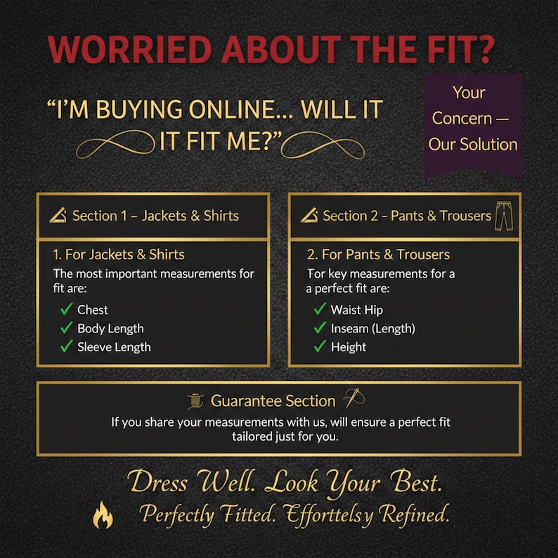 May include: A dark background with gold text and borders. The text reads "Worried About The Fit?" and "I'm buying online... Will it fit me?" Sections detail jacket/shirt and pants/trouser measurements for a perfect fit.