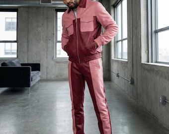 Men’s BRAYDEN Pink Red Lambskin Leather Tracksuit Set | Luxury Genuine Leather Sweat Suit